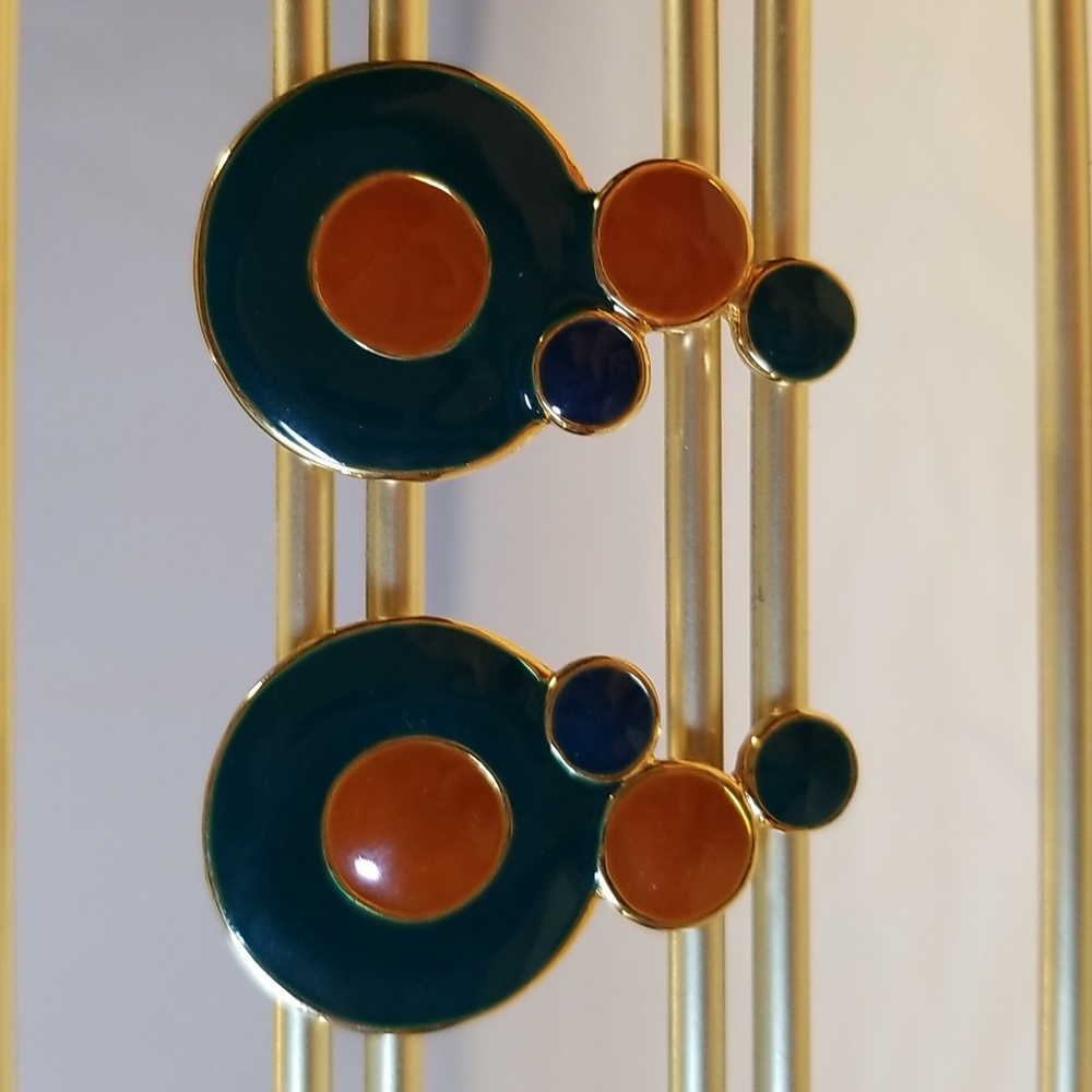 Vintage Stud Earrings Green/Blue and Orange
